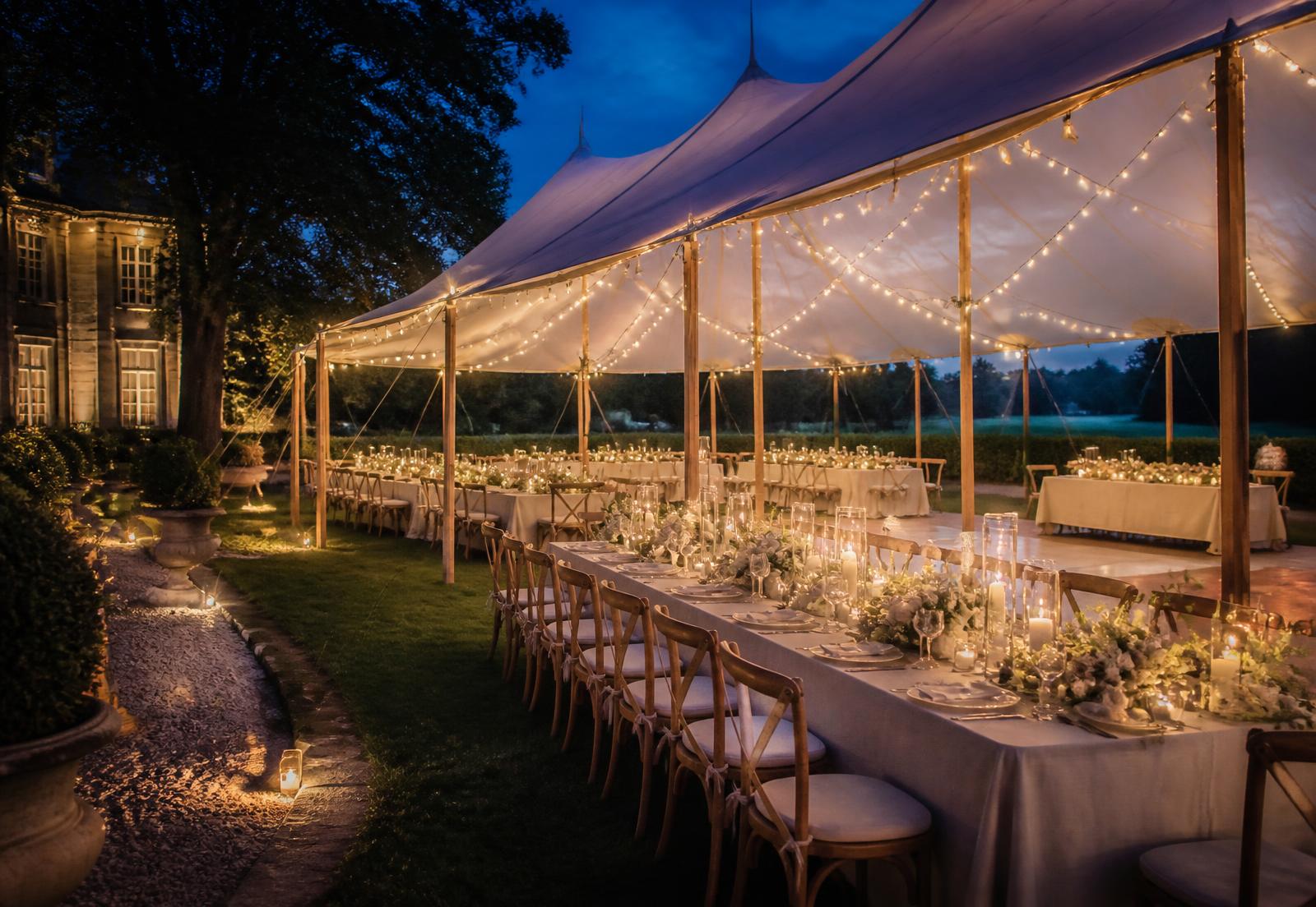 Twilight sailcloth tent reception with string lights on an estate lawn